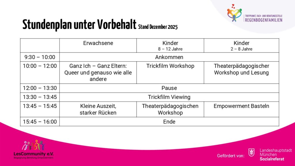 Stundenplan Empowerment Workshop unter Vorbehalt Dezember 25
